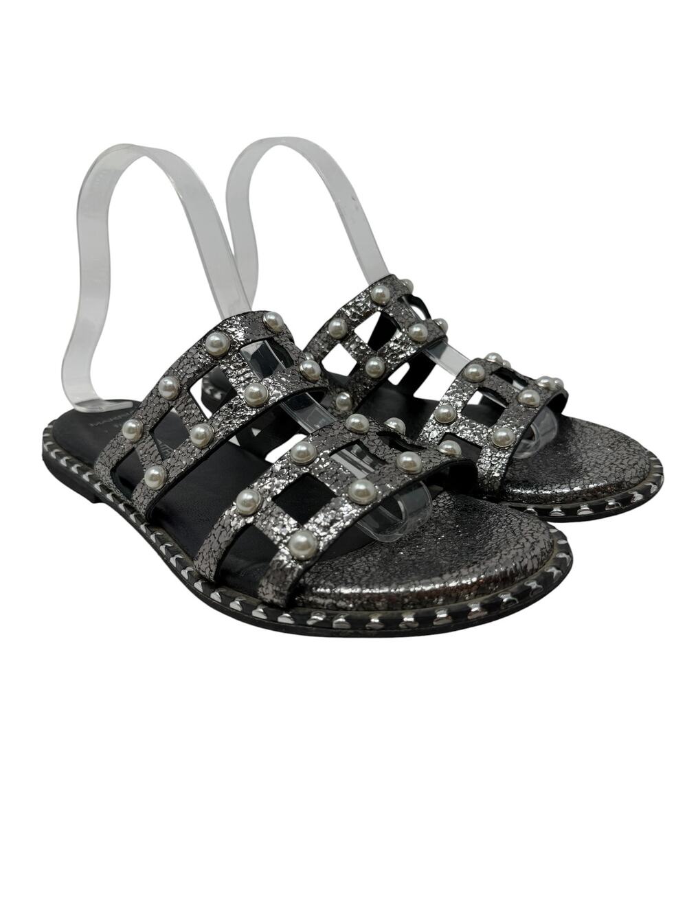 MAKRIS for 275CENTRAL Pearl Studded Metallic Leather Slide Sandals Size 39 US 9
